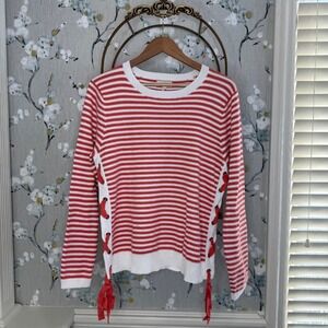 Cupio Womens XL Red White Striped Lace Up Ribbon Sweater Long Sleeve Crewneck